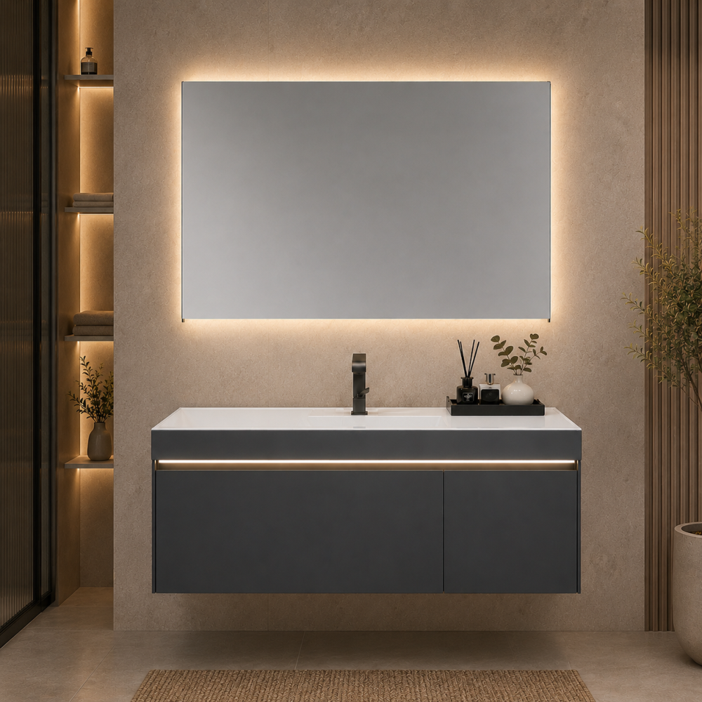 Set mobilier suspendat pentru baie, AVI®, 120 cm, cu lavoar, oglindă cu iluminare LED și corp inferior cu iluminare LED, spații de depozitare, AVI-5489 [6]