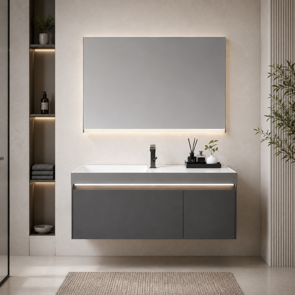 Set mobilier suspendat pentru baie, AVI®, 120 cm, cu lavoar, oglindă cu iluminare LED și corp inferior cu iluminare LED, spații de depozitare, AVI-5489 [3]