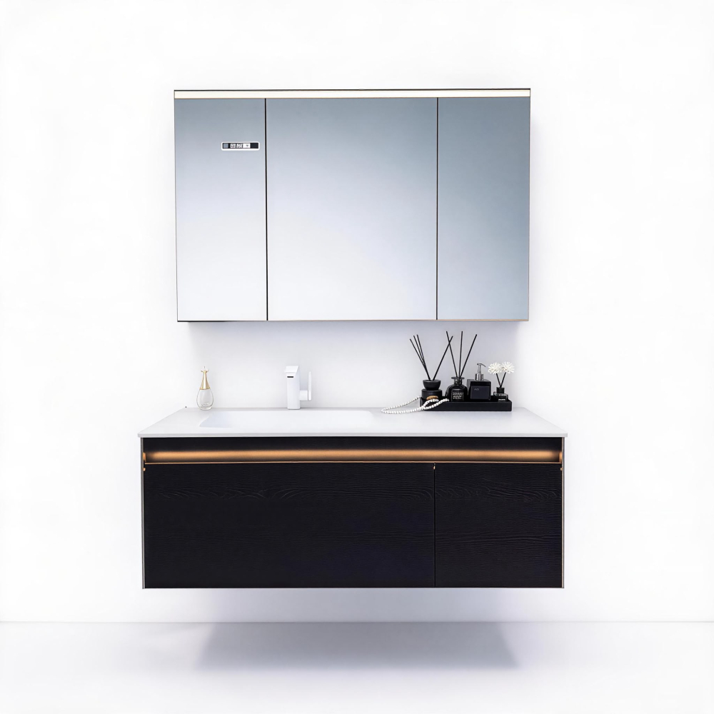 Set mobilier suspendat pentru baie, AVI®, 120 cm, cu lavoar, oglindă tip corp suspendat, iluminare LED pe mobilier și oglindă, spații de depozitare, AVI-5488 [7]