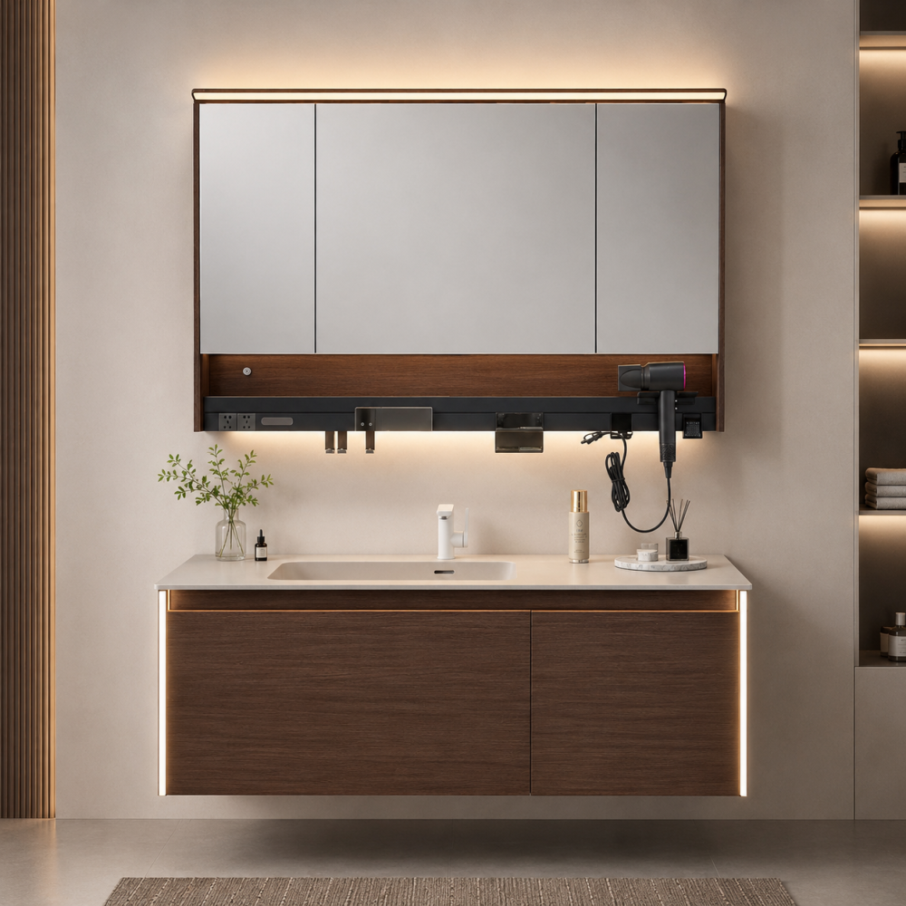 Set mobilier suspendat pentru baie, AVI®, 120 cm, cu lavoar, oglindă tip corp suspendat, iluminare LED pe mobilier și oglindă, spații de depozitare, finisaj maro, AVI-5490 [5]