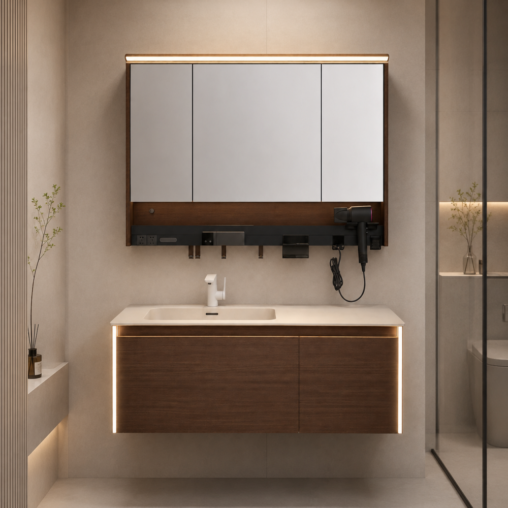 Set mobilier suspendat pentru baie, AVI®, 120 cm, cu lavoar, oglindă tip corp suspendat, iluminare LED pe mobilier și oglindă, spații de depozitare, finisaj maro, AVI-5490 [4]