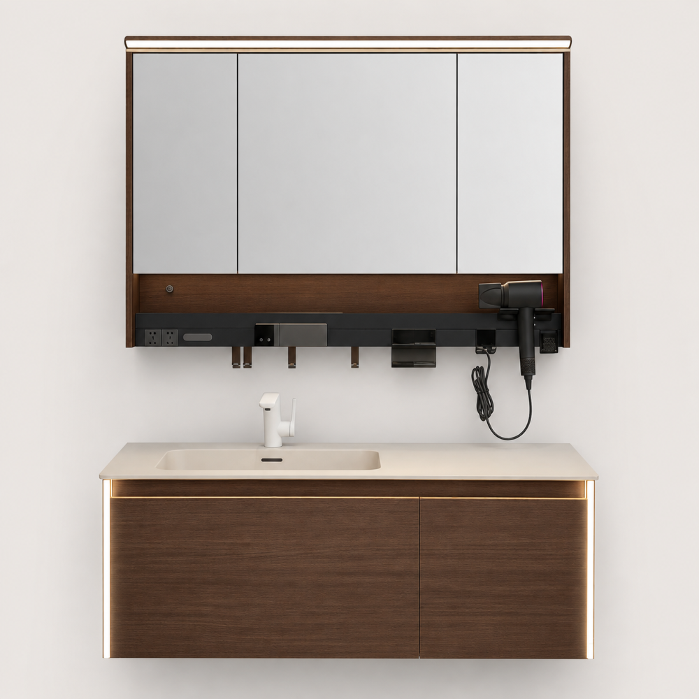 Set mobilier suspendat pentru baie, AVI®, 120 cm, cu lavoar, oglindă tip corp suspendat, iluminare LED pe mobilier și oglindă, spații de depozitare, finisaj maro, AVI-5490 [2]