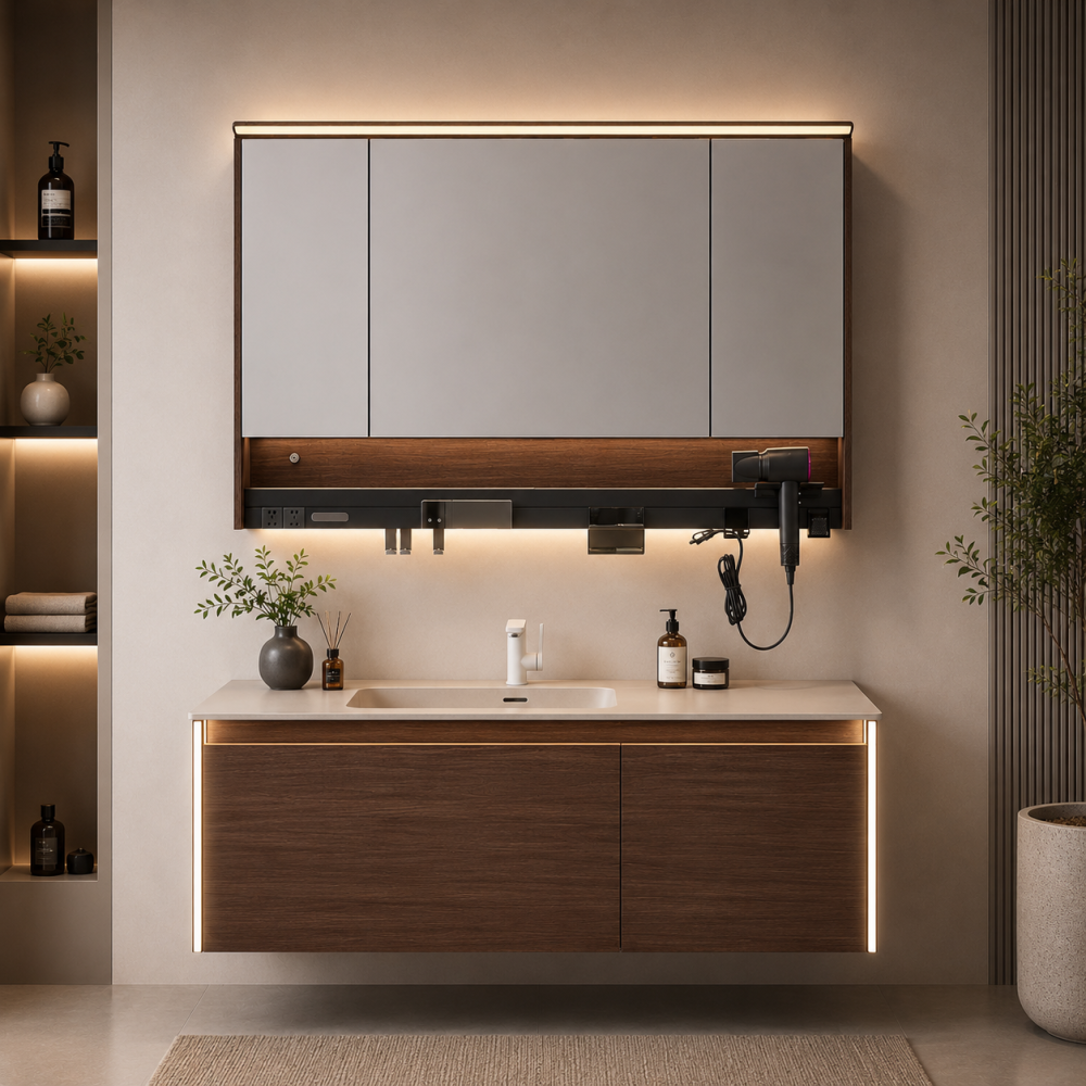 Set mobilier suspendat pentru baie, AVI®, 120 cm, cu lavoar, oglindă tip corp suspendat, iluminare LED pe mobilier și oglindă, spații de depozitare, finisaj maro, AVI-5490 [6]