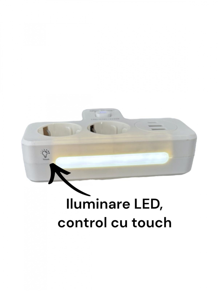 Triplu stecher 2500W, cu 2 prize, 2 x USB, 1 x USB-C fastcharge, 20w, cu intrerupator si iluminare LED, AVI-4800 [3]