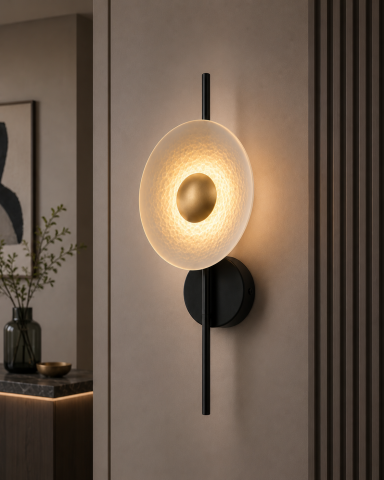 Aplică LED de perete pentru interior, AVI®, 50 cm, 4-7W, corp metalic negru, disc decorativ Ø22 cm, detalii aurii, 3 tipuri de lumină, AVI-5656 [1]