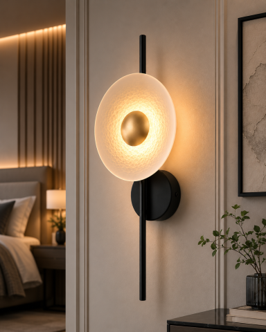 Aplică LED de perete pentru interior, AVI®, 50 cm, 4-7W, corp metalic negru, disc decorativ Ø22 cm, detalii aurii, 3 tipuri de lumină, AVI-5656 [2]