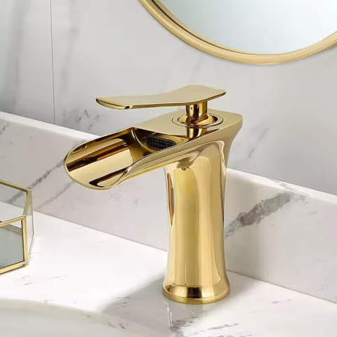 Baterii sanitare baie - Baterie baie cu waterfall, H 16cm, gold, AVI-4097