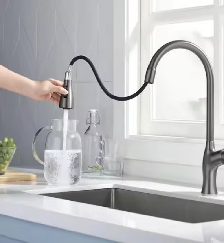 Baterie bucatarie cu dus extractibil, 3 moduri curgere apa, pivotanta 360°, H 45cm, dark grey, AVI-4093 [3]