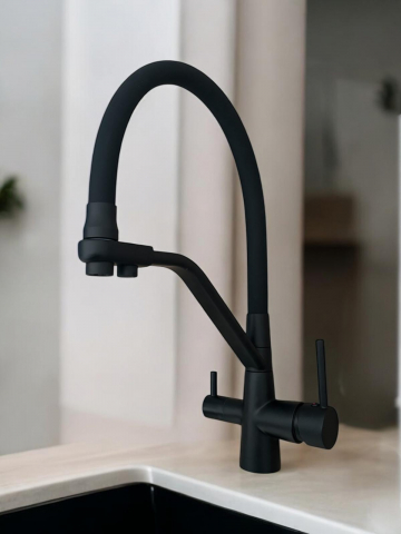 Baterie de bucatarie cu 3 cai, cu iesire pentru apa filtrata, pipa flexibila, pivotanta 360°, H 42cm, 1300g, negru mat AVI-4842 [4]