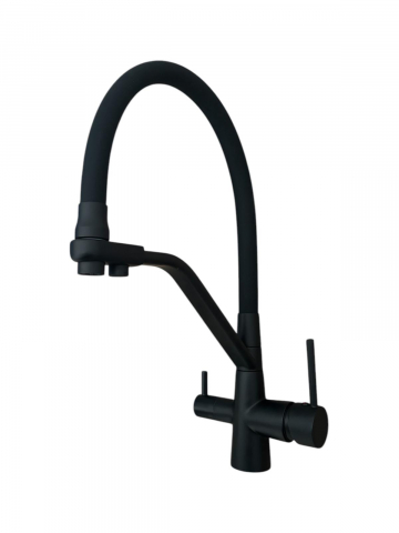 Baterii sanitare bucatarie - Baterie de bucatarie cu 3 cai, cu iesire pentru apa filtrata, pipa flexibila, pivotanta 360°, H 42cm, 1300g, negru mat AVI-4842
