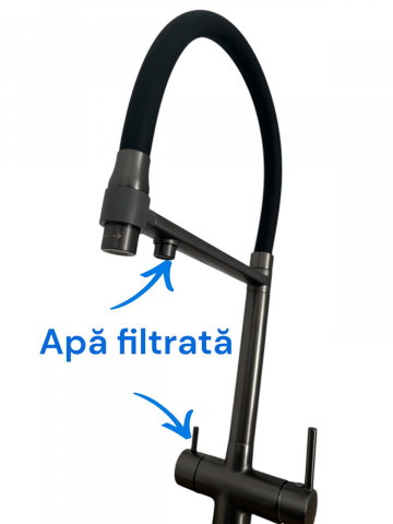 Baterie de bucatarie cu 3 cai, cu iesire pentru apa filtrata, pipa flexibila, pivotanta 360°, H 52cm, 1500g, gri AVI-4841 [1]