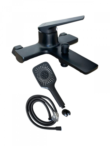 Baterii sanitare baie - Baterie dus si cada cu cap si furtun dus incluse, negru mat, montare pe perete, AVI-3678