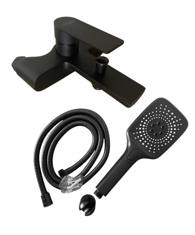 Baterii sanitare baie - Baterie dus si cada negru mat cu cap si furtun, Italomix, montare pe perete TS-3681