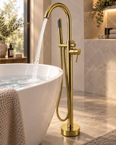 Baterii sanitare baie - Baterie freestanding pentru baie, AVI®, H total 110 cm, înălțime până la gura pipei 100 cm, țeavă Ø42 mm, metal, auriu, AVI-5856