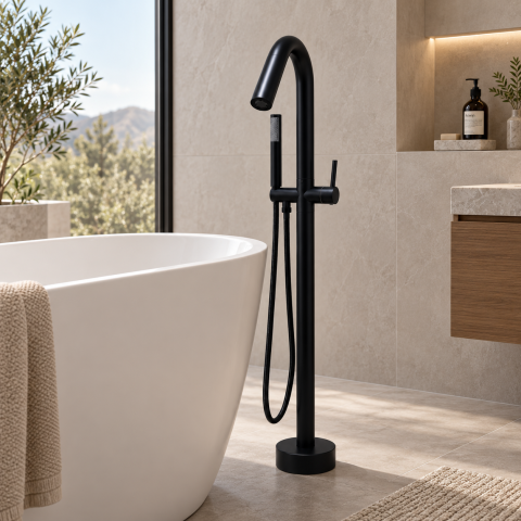 Baterie freestanding pentru baie, AVI®, H total 115 cm, înălțime până la gura pipei 95 cm, țeavă Ø42 mm, metal, negru, AVI-5891 [1]