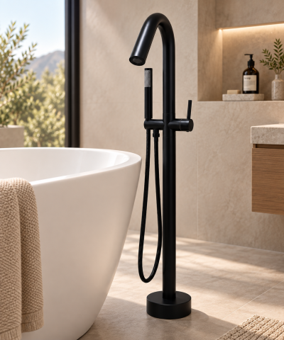 Casa - Baterie freestanding pentru baie, AVI®, H total 115 cm, înălțime până la gura pipei 95 cm, țeavă Ø42 mm, metal, negru, AVI-5891