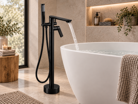 Baterie freestanding pentru baie, AVI®, H total 90 cm, țeavă Ø42 mm, metal, negru, AVI-5857 [1]