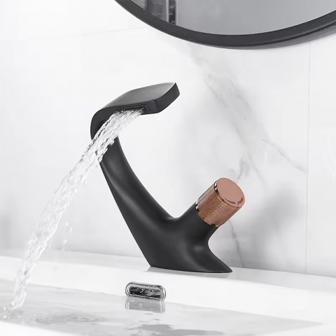 Baterii sanitare baie - Baterie lavoar, chiuveta baie, curgere tip cascada, maner cilindric, H 17.5cm, negru - rose gold, AVI-4119