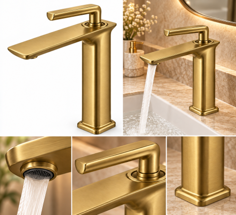 Baterie sanitară înaltă pentru baie, AVI®, auriu periat, H pipă 29 cm, H total 33 cm, pentru lavoar tip bol, AVI-5725 [6]