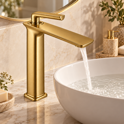 Baterie sanitară înaltă pentru baie, AVI®, auriu periat, H pipă 29 cm, H total 33 cm, pentru lavoar tip bol, AVI-5725 [2]
