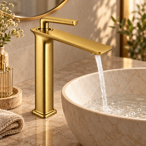 Baterie sanitară înaltă pentru baie, AVI®, auriu periat, H pipă 29 cm, H total 33 cm, pentru lavoar tip bol, AVI-5725 [4]