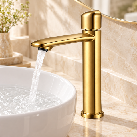 Baterie sanitară înaltă pentru baie, AVI®, auriu periat, H pipă 26,5 cm, H total 32 cm, pentru lavoar tip bol, AVI-5745 [3]