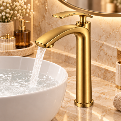 Baterie sanitară înaltă pentru baie, AVI®, auriu periat, H pipă 30 cm, H total 33 cm, pentru lavoar tip bol, AVI-5735 [3]
