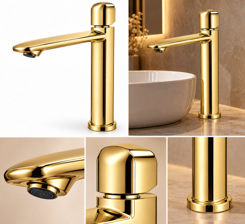 Baterie sanitară înaltă pentru baie, AVI®, auriu, H pipă 26,5 cm, H total 32 cm, pentru lavoar tip bol, AVI-5743 [4]
