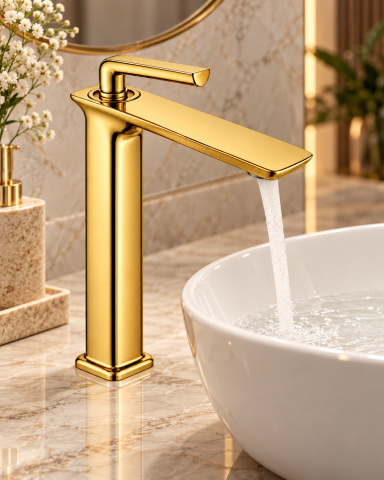 Baterie sanitară înaltă pentru baie, AVI®, auriu, H total 33 cm, H până la partea superioară a pipei 29 cm, pentru lavoar tip bol, AVI-5723 [3]