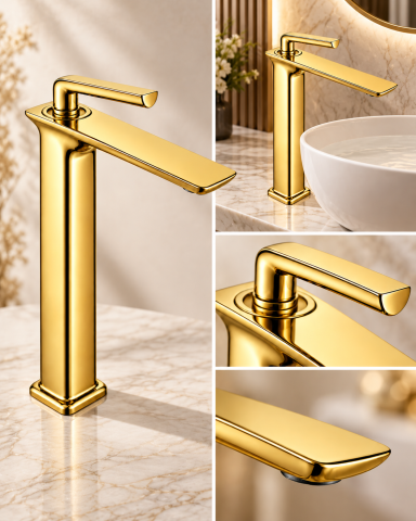 Baterie sanitară înaltă pentru baie, AVI®, auriu, H total 33 cm, H până la partea superioară a pipei 29 cm, pentru lavoar tip bol, AVI-5723 [2]