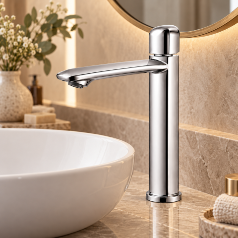 Baterie sanitară înaltă pentru baie, AVI®, cromată, H pipă 26,5 cm, H total 32 cm, pentru lavoar tip bol, AVI-5741 [3]