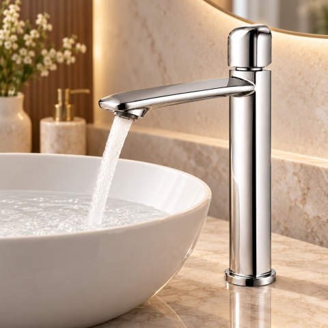 Baterie sanitară înaltă pentru baie, AVI®, cromată, H pipă 26,5 cm, H total 32 cm, pentru lavoar tip bol, AVI-5741 [4]