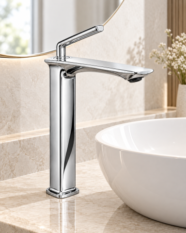 Baterie sanitară înaltă pentru baie, AVI®, cromată, H pipă 29 cm, H total 33 cm, pentru lavoar tip bol pe blat, cu racorduri incluse, AVI-5721 [4]