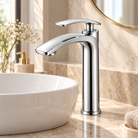 Baterie sanitară înaltă pentru baie, AVI®, cromată, H pipă 30 cm, H total 33 cm, pentru lavoar tip bol, AVI-5731 [4]