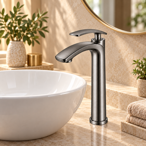 Baterie sanitară înaltă pentru baie, AVI®, gri grafit satinat, H pipă 30 cm, H total 33 cm, pentru lavoar tip bol, AVI-5734 [4]
