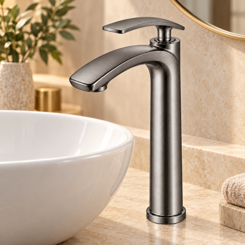 Baterie sanitară înaltă pentru baie, AVI®, gri grafit satinat, H pipă 30 cm, H total 33 cm, pentru lavoar tip bol, AVI-5734 [5]