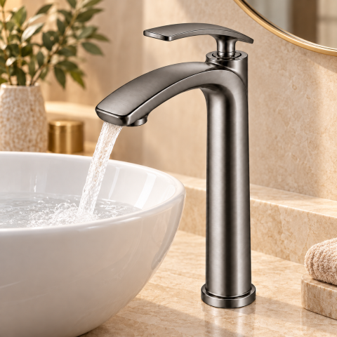 Baterie sanitară înaltă pentru baie, AVI®, gri grafit satinat, H pipă 30 cm, H total 33 cm, pentru lavoar tip bol, AVI-5734 [3]