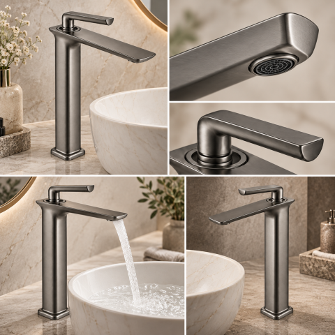 Baterie sanitară înaltă pentru baie, AVI®, gri grafit satinat, H total 33 cm, H până la partea superioară a pipei 29 cm, pentru lavoar tip bol, AVI-5724 [1]