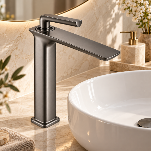 Baterie sanitară înaltă pentru baie, AVI®, gri grafit satinat, H total 33 cm, H până la partea superioară a pipei 29 cm, pentru lavoar tip bol, AVI-5724 [5]