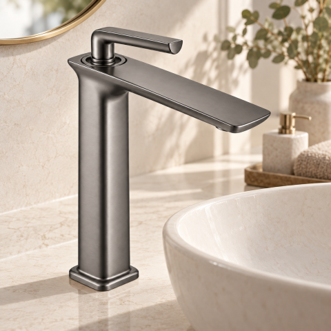 Baterie sanitară înaltă pentru baie, AVI®, gri grafit satinat, H total 33 cm, H până la partea superioară a pipei 29 cm, pentru lavoar tip bol, AVI-5724 [2]