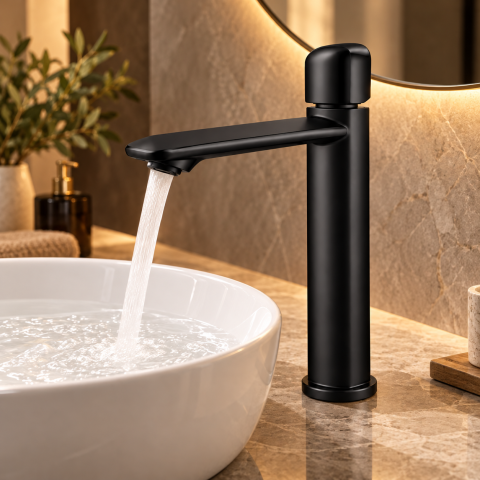 Baterie sanitară înaltă pentru baie, AVI®, negru mat, H pipă 26,5 cm, H total 32 cm, pentru lavoar tip bol, AVI-5742 [3]