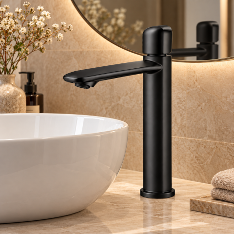 Baterie sanitară înaltă pentru baie, AVI®, negru mat, H pipă 26,5 cm, H total 32 cm, pentru lavoar tip bol, AVI-5742 [2]