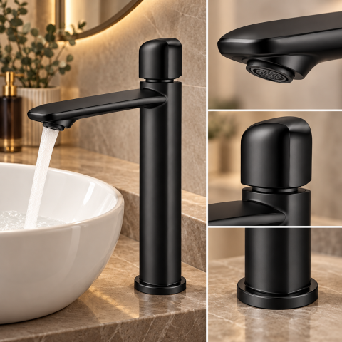 Baterie sanitară înaltă pentru baie, AVI®, negru mat, H pipă 26,5 cm, H total 32 cm, pentru lavoar tip bol, AVI-5742 [1]