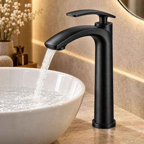 Baterie sanitară înaltă pentru baie, AVI®, negru mat, H pipă 30 cm, H total 33 cm, pentru lavoar tip bol, AVI-5732 [4]