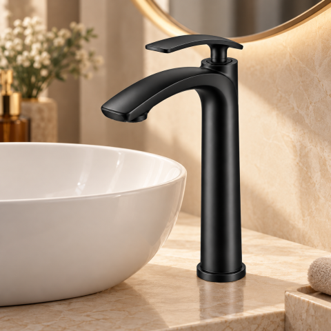 Baterie sanitară înaltă pentru baie, AVI®, negru mat, H pipă 30 cm, H total 33 cm, pentru lavoar tip bol, AVI-5732 [5]