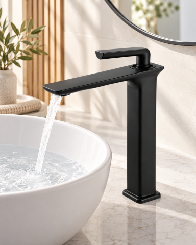 Baterie sanitară înaltă pentru baie, AVI®, negru mat, H total 33 cm, H până la partea superioară a pipei 29 cm, pentru lavoar tip bol, AVI-5722 [3]