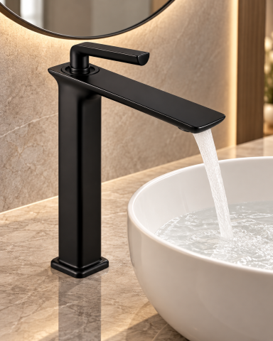 Baterie sanitară înaltă pentru baie, AVI®, negru mat, H total 33 cm, H până la partea superioară a pipei 29 cm, pentru lavoar tip bol, AVI-5722 [5]