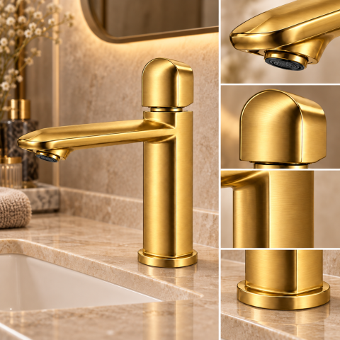 Baterie sanitară pentru baie, AVI®, auriu periat, H pipă 15,5 cm, H total 21 cm, AVI-5740 [1]