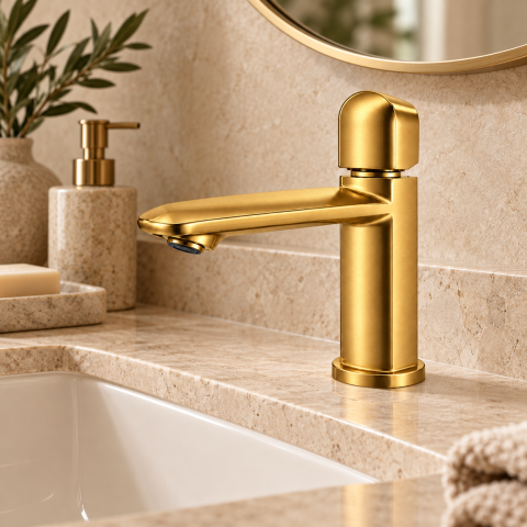Baterie sanitară pentru baie, AVI®, auriu periat, H pipă 15,5 cm, H total 21 cm, AVI-5740 [3]