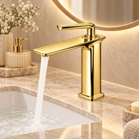 Baterie sanitară pentru baie, AVI®, auriu, H pipă 16 cm, H total 21 cm, cu racorduri incluse, AVI-5718 [3]